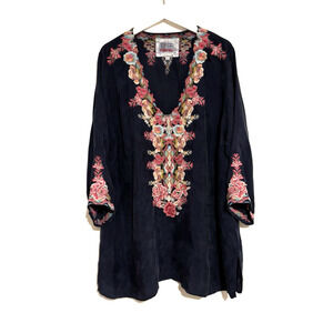 Johnny Was Biya Tunic Top 1X Blue Satin Embroidered Blouse
